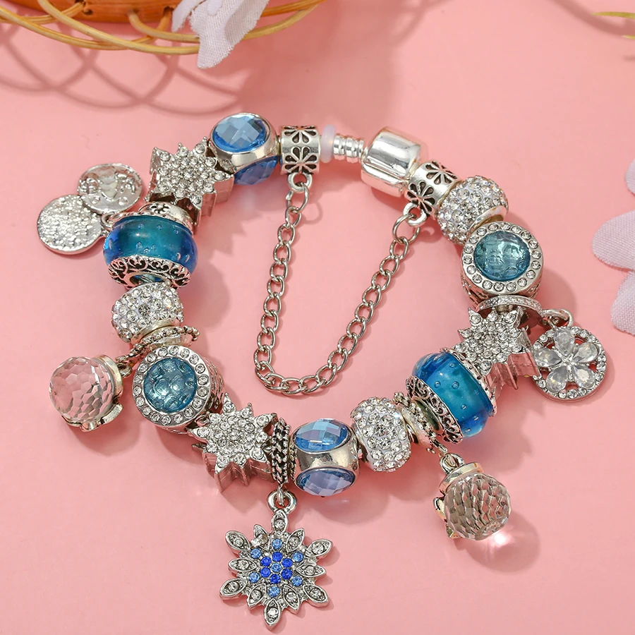 Seialoy Blue Crystal Snowflake Beads Christmas Snow Night Charm Bracelets For Women DIY Flower Bead Bracelet & Bangle Jewelry