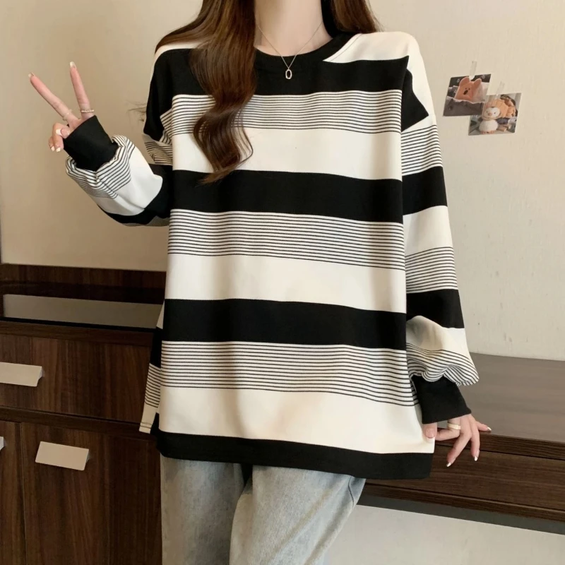 Vintage Striped Thin Hoodies Sweatshirts Spring Autumn Long Sleeve Loose Lazy Style Pullovers Top Casual Fashion Women Clothing
