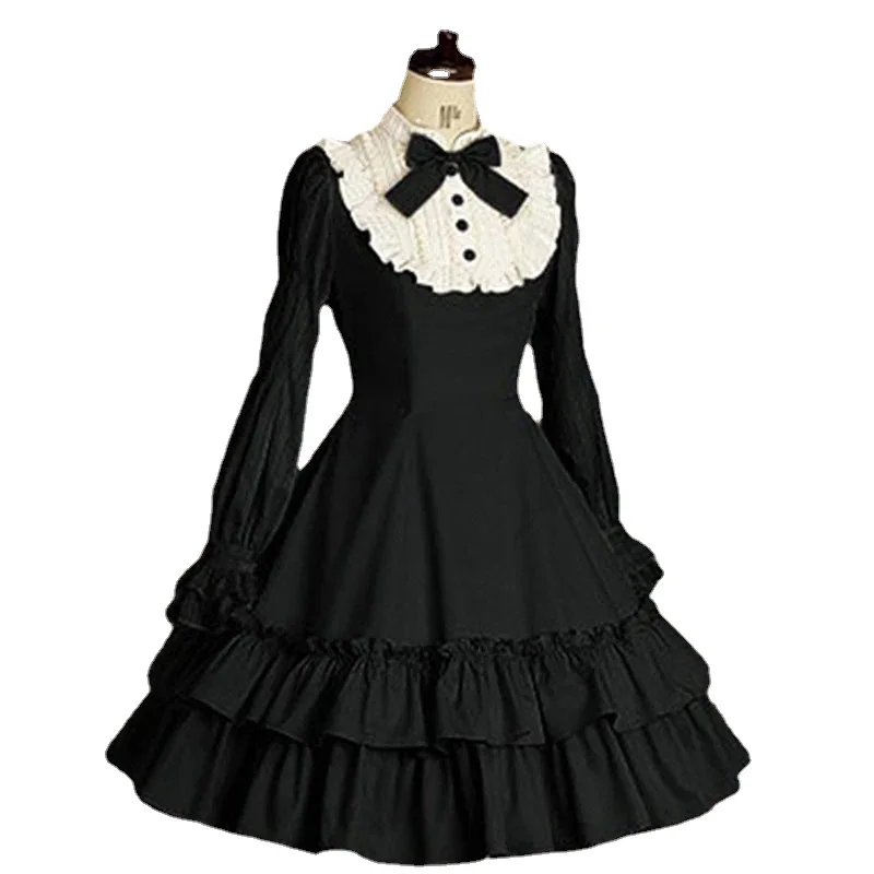 

Sweet Girl Retro Slim Lady Lace Lolita Dress Women's College Style Classic Maid Outfit Bow Tie Ruffle Layered Mini Costume 2025