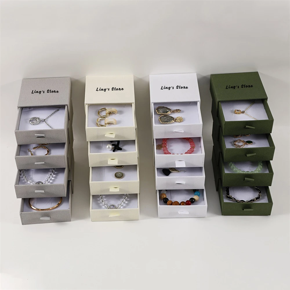 

50Pcs Custom Logo Luxury 9x9x3.5cm Texture Jewelry Drawer Box Inside With White Sponge For Ring Earring Bracelet Pendant Storage