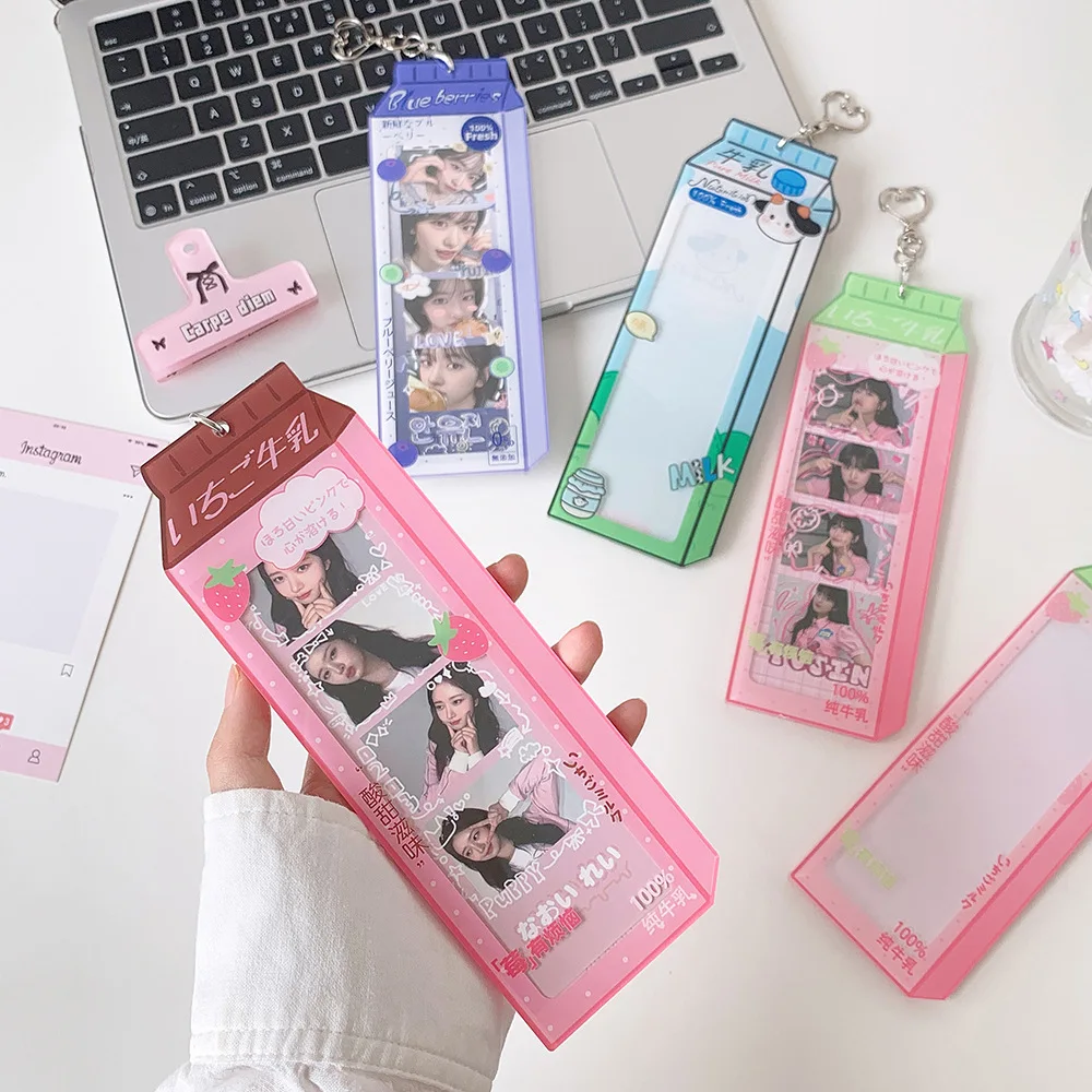 Sweet Girl Cartoon Milk Bottle Life Four Grid Acrylic Card Holder Student Bag Pendant Hard Card Case Kpop Photocard Charm