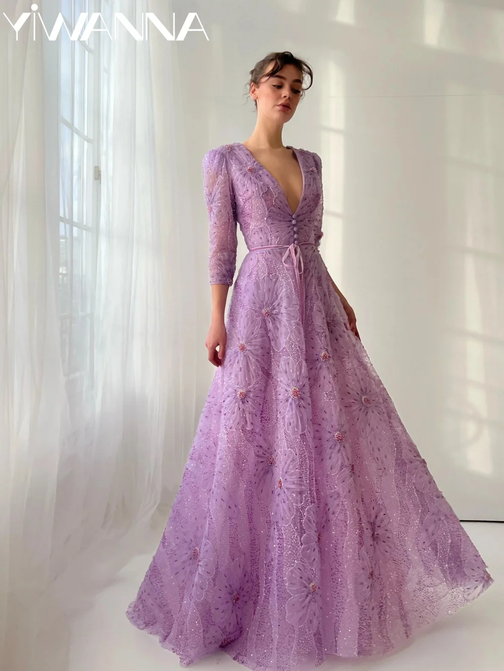 

Purple Embroidery Tulle Long Evening Dress Shinny V-neck 3/4 Sleeve Wedding Party Gown Customized Dreamy A-line Gowns For Women