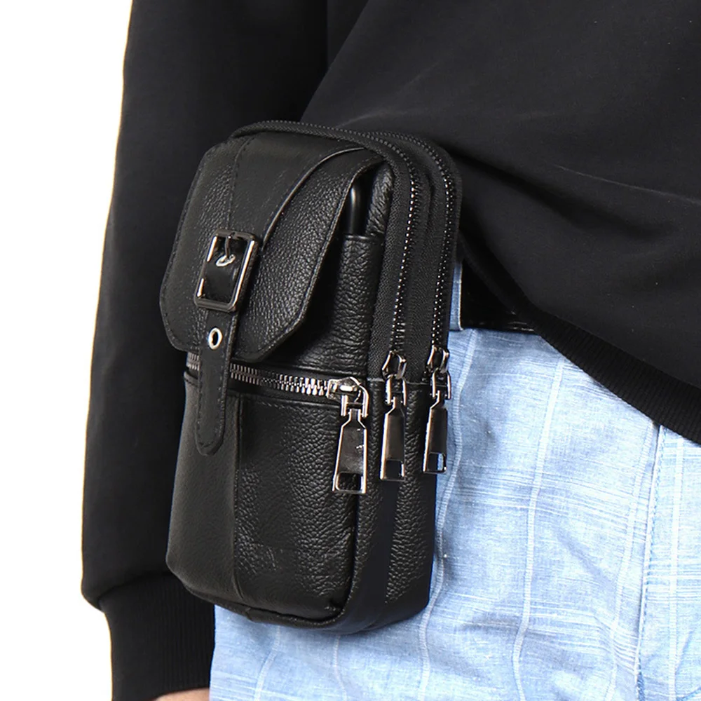 Men\'s Genuine Leather Waist Pack Waterproof Outdoor Sport Phone Pouch Purse Belt Hanging Bag Shoulder Crossbody Bag Fanny Pack