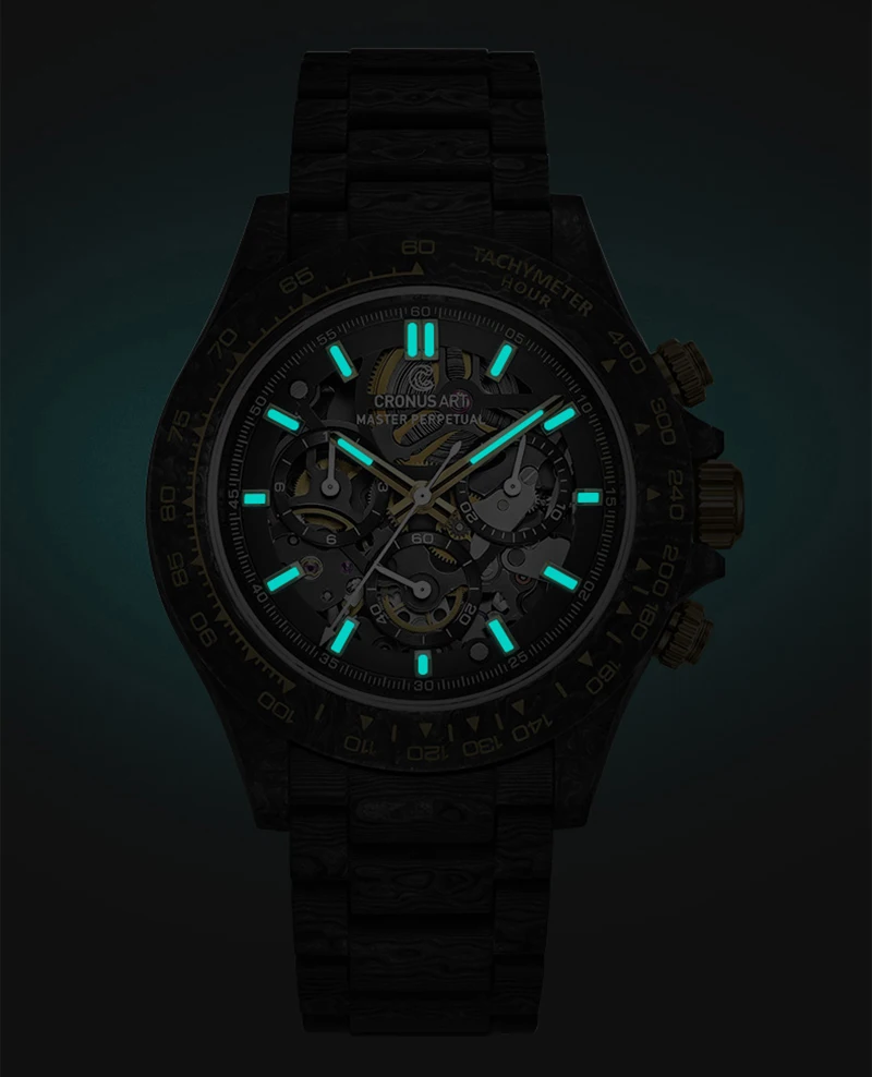 CRONUSART Orologio cronografo da uomo Sport 42mm Orologio da polso meccanico automatico Cassa e cinturino in fibra di carbonio Quadrante scheletrato luminoso