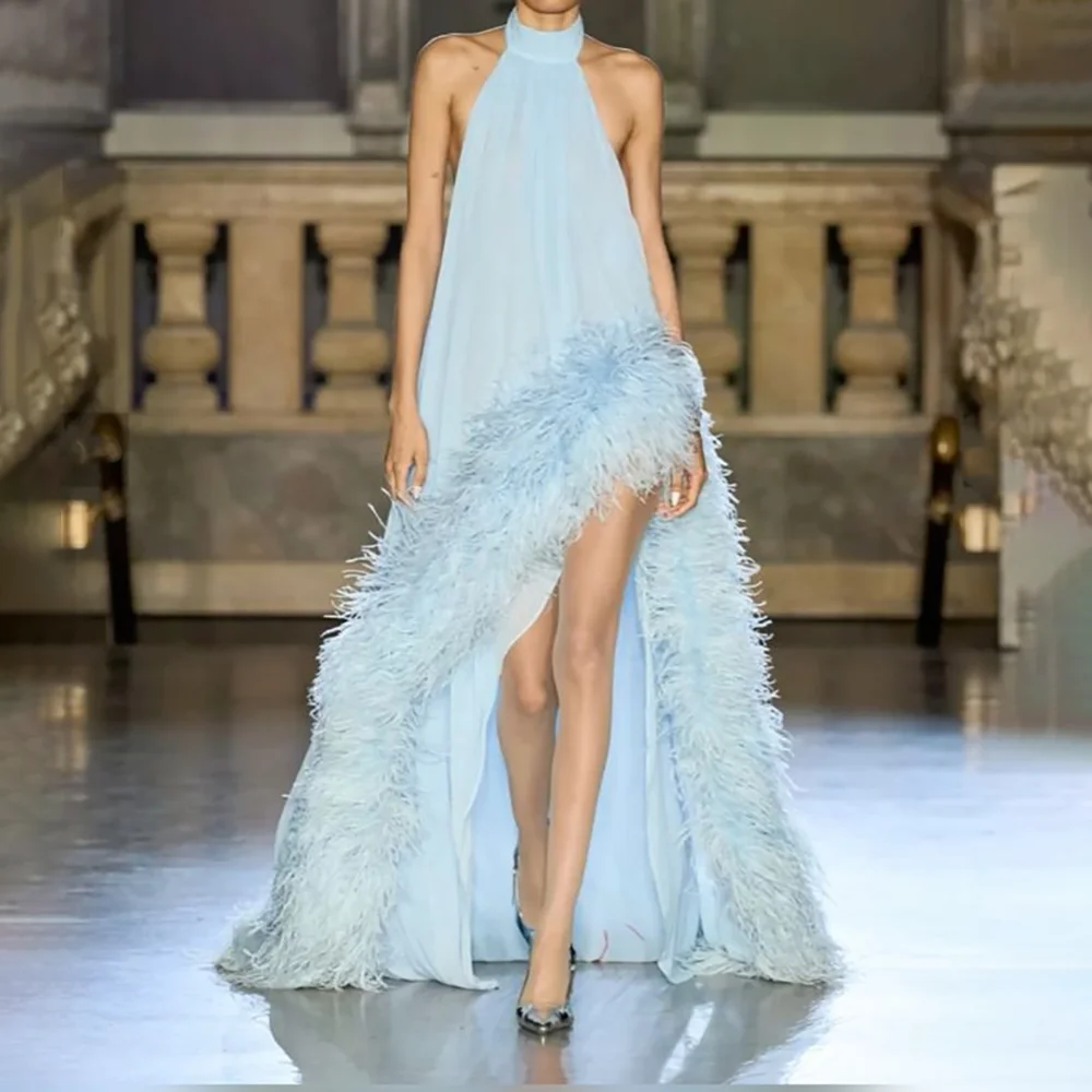 

Потрясающее платье Haute Couture с тюлевым вечерним платьем с перьями, роскошное платье для выпускного вечера без рукавов с разрезом по бокам