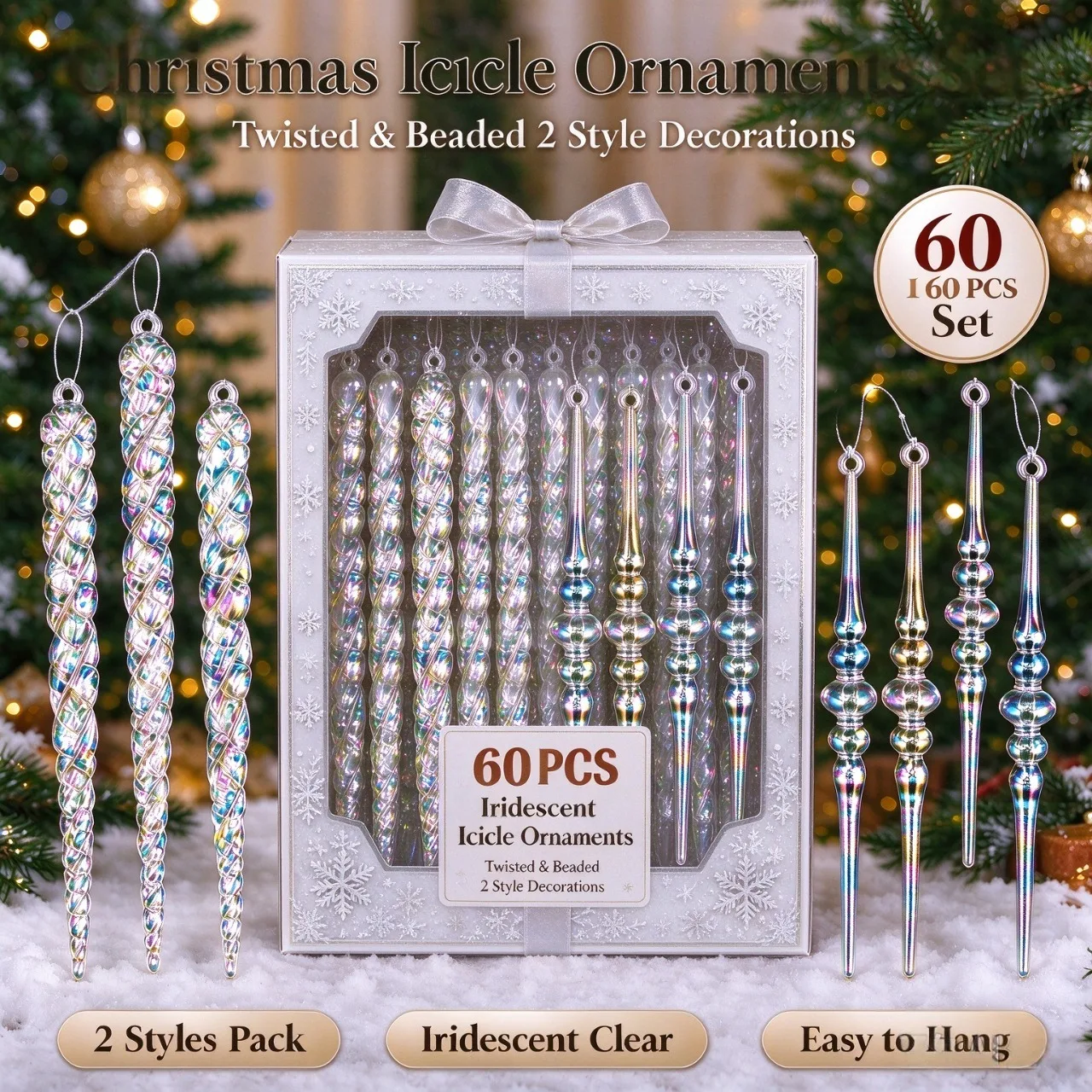 12-13cm Clear Acrylic Icicle Ornaments for Christmas Decoration Crystal Hanging Pendant Icicles Drop Xmas Tree Wedding Supplies