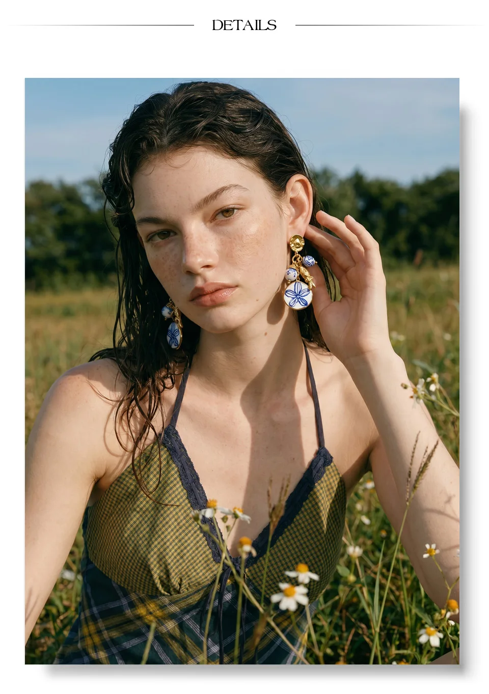 Yhpup Exklusiver Stil Edelstahl-Keramikperlen-Blumen-Tropfen-Ohrringe Allergievorbeugend Sommer Goldener Ästhetischer Schmuck – Detail 4