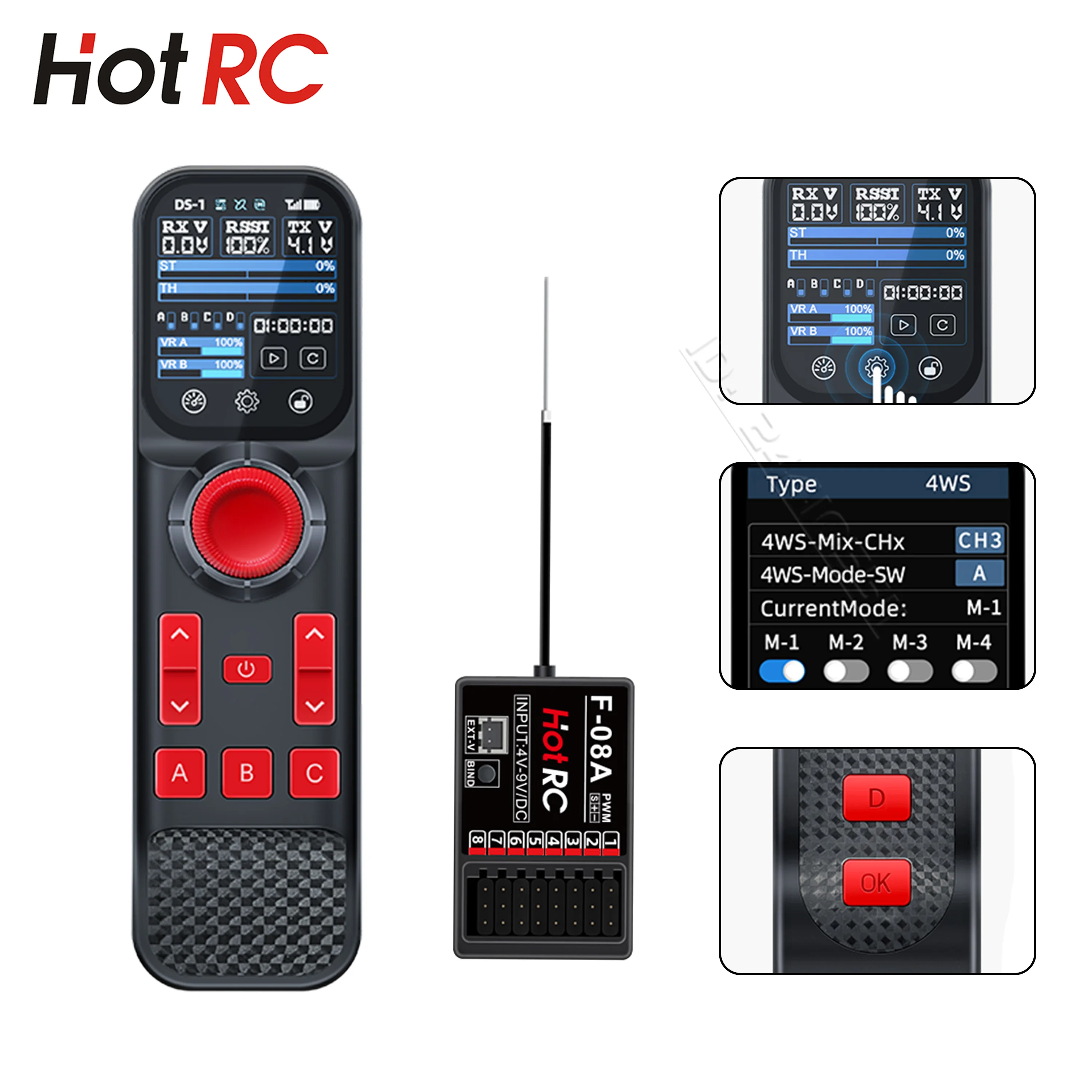 HOTRC DS800 8CH 2.4G Touch Screen RC Boat Remote Controller Transmitter F-08A PWM Receiver Voltage/Signal Return for Tank Car