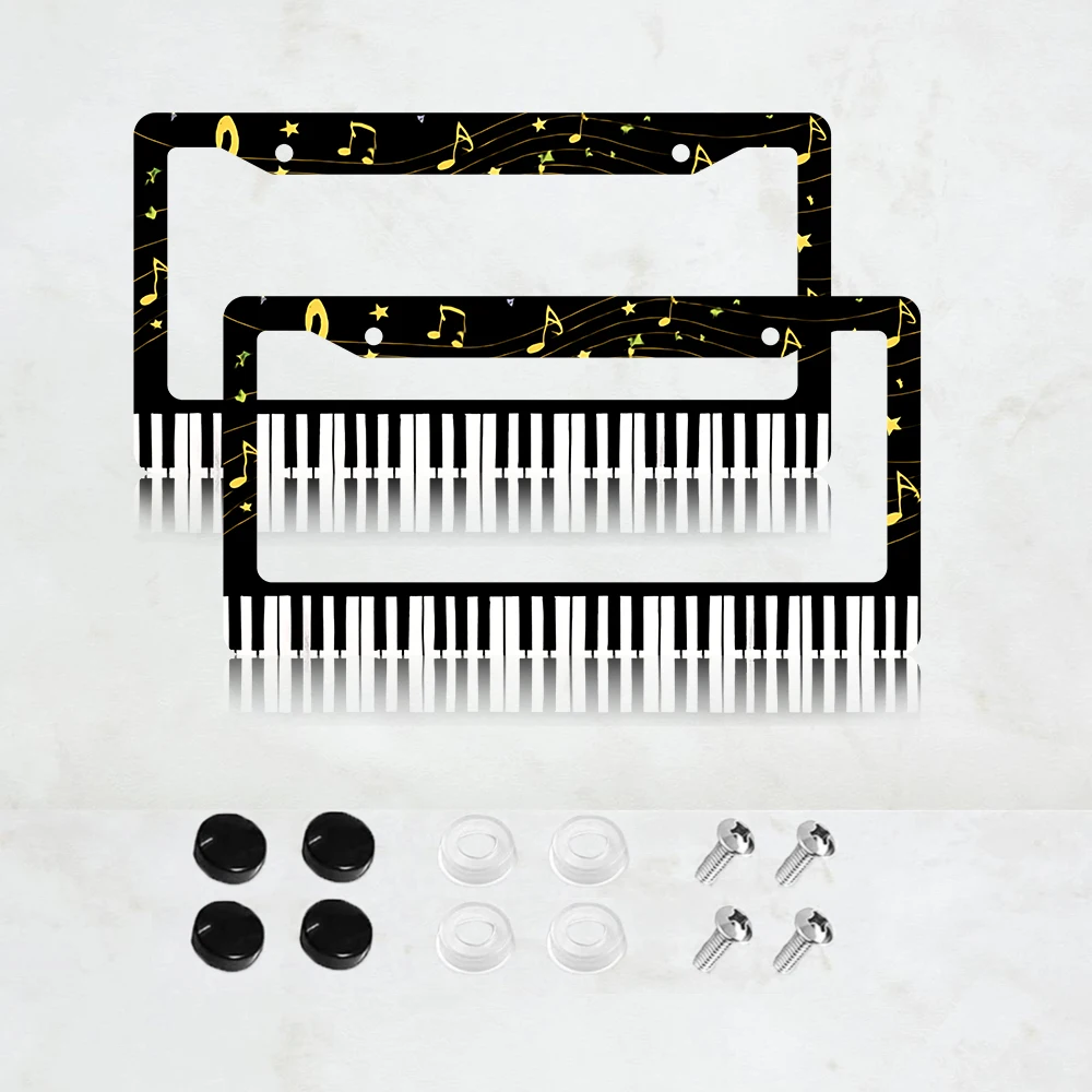 

2PC 2-Hole License Plate Frame, Black with Piano and Music Notes Design, Aluminum, 6x12 Inches, with Screws