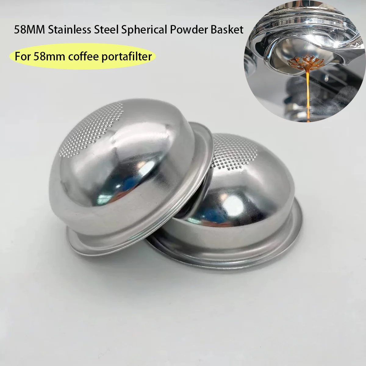 58mm Stainless Steel Spherical Powder Basket with 292x0.3mm Holes, Compatible with 58mm Espresso Machine Portafilters.