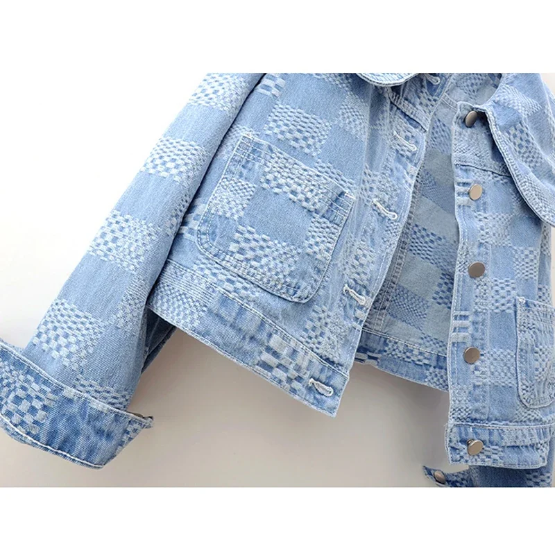Hellblau Jacquard Peter Pan Kragen Tasche Denim Jacke Frauen Lose Kurze Cowboy Oberbekleidung Chaquetas Mujer Jeans Jacke Weibliche