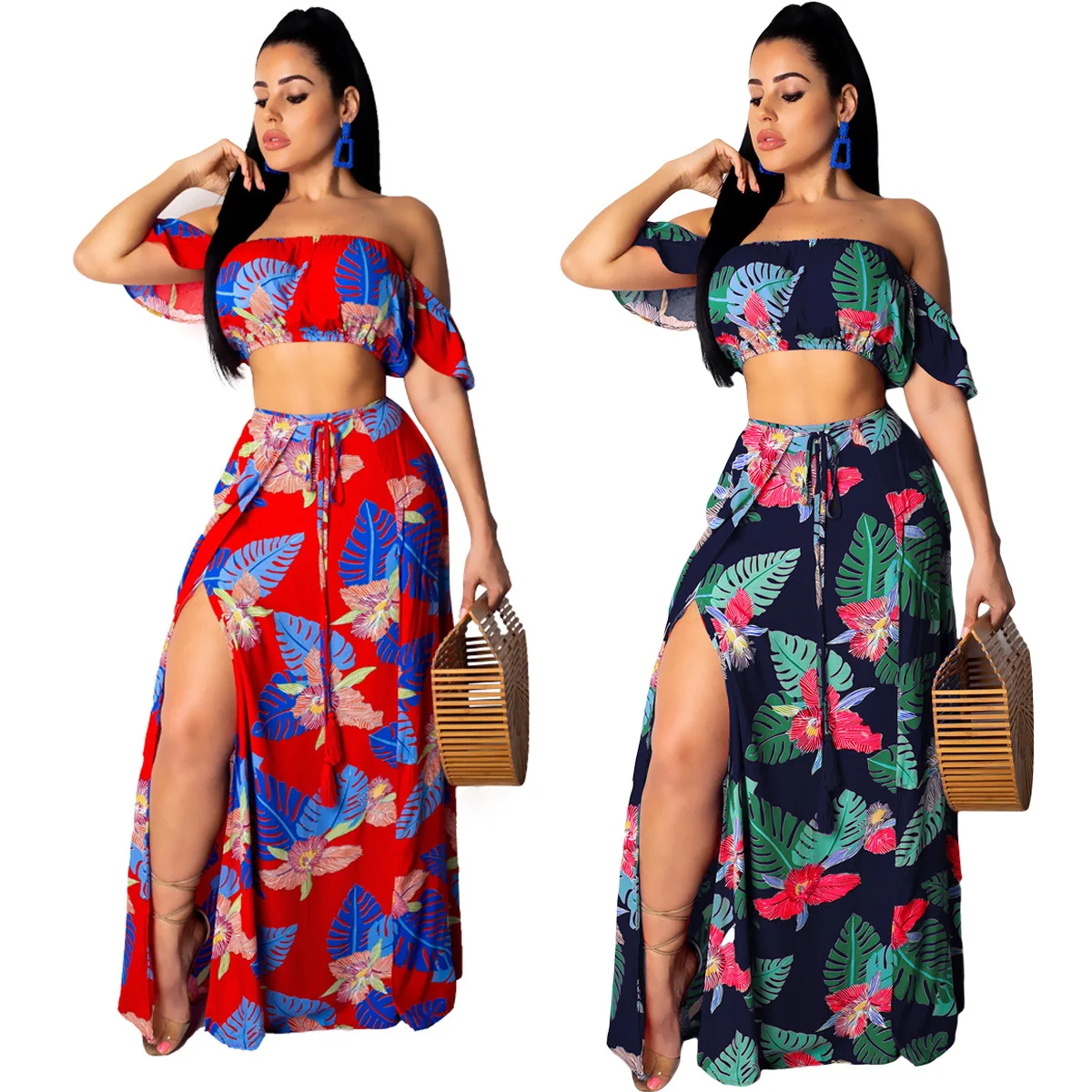 

Fashion Prints Elegant Women's Skirt Two Piece Set Ruffles Short Sleeve Wrap Top Loose Slit Long Dress Set Casual Beach Suits