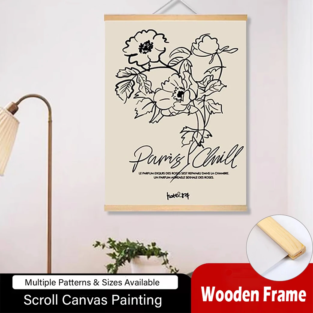 

French retro romantic floral art poster, Wall Art Canvas Poster dining room, Decor Solid Wood Scroll Painting with Frame