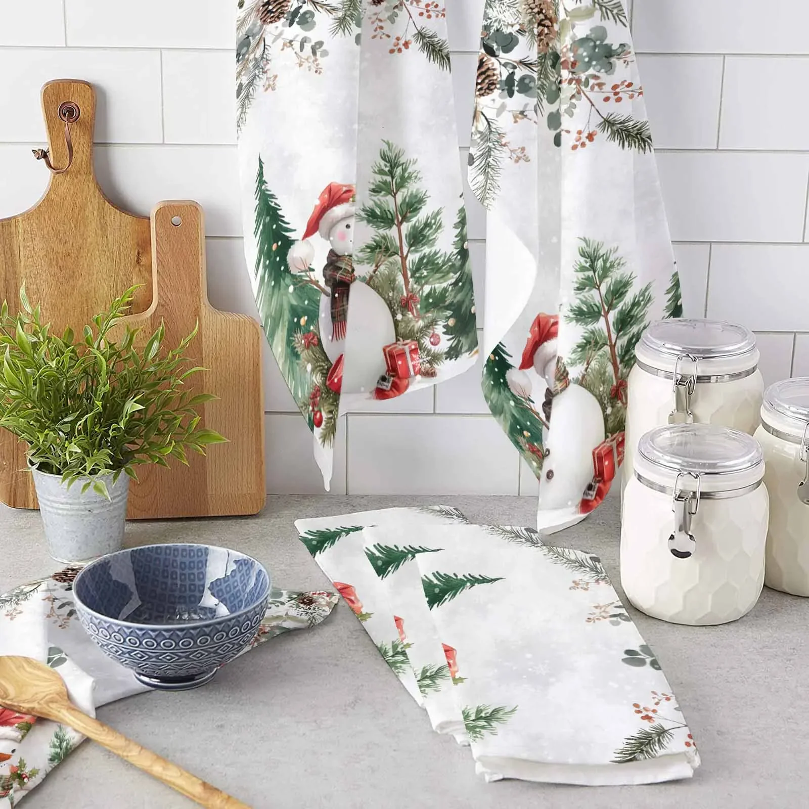 Christmas Pine Leaf Berry Hazelnut Snowman Microfiber Towel Absorbent Kitchen Cleaning Cloth Dish Towel Household Cleaning Towel