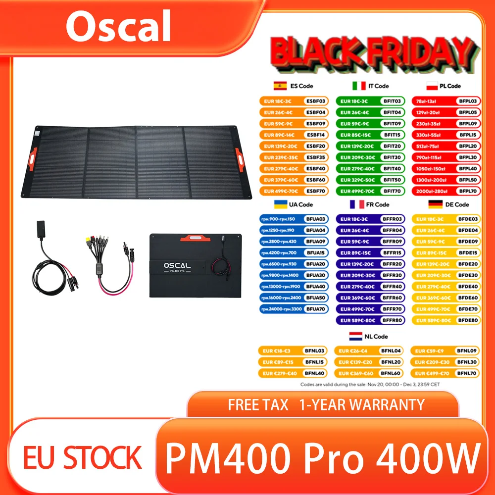 Pannello solare pieghevole Blackview Oscal PM400 Pro 400 W, efficienza di conversione solare ≥23%, IP67, design pieghevole in stile valigetta