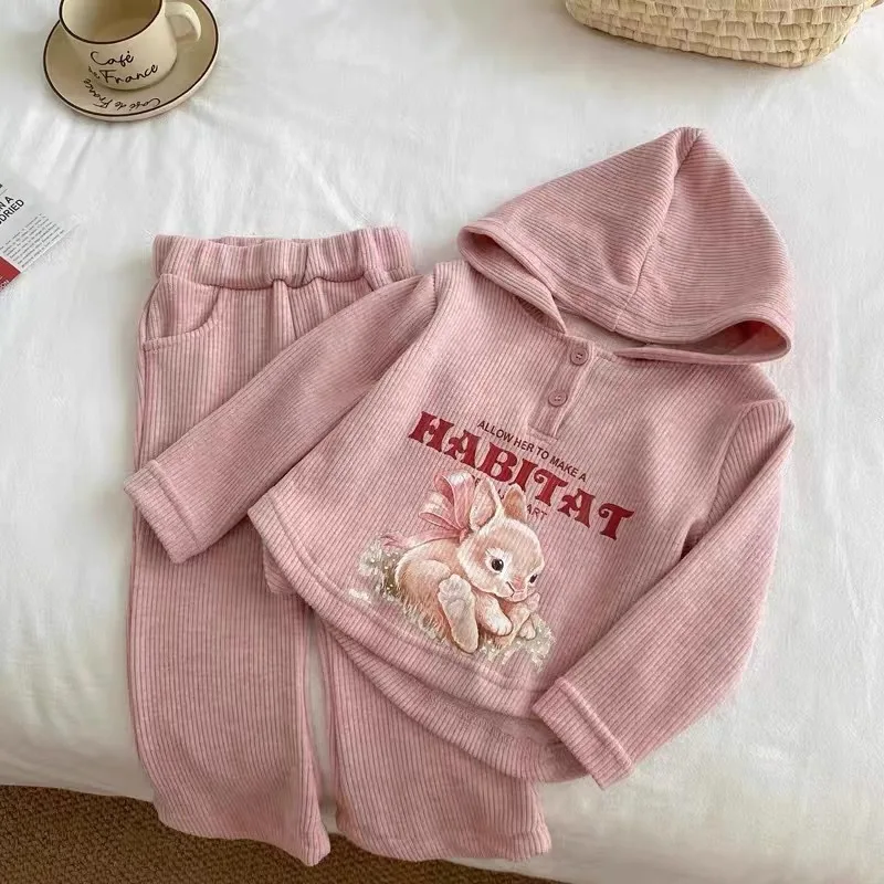 

Spring Autumn Cartoon Print Pullover Knitted Sweater Two Piece Set Girl's Loose Straight Elastic Waistband Trend Sweatpants