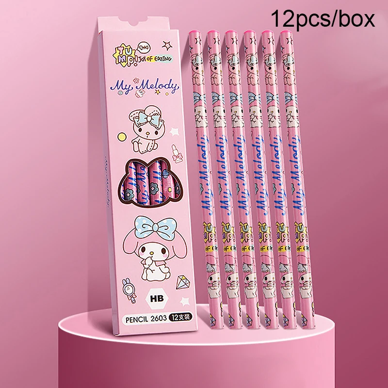 12PCS Sanrio Cartoon Pencil Cute Kuromi Cinnamoroll My Melody Student Stationery School Supplies Student Prize Pencil
