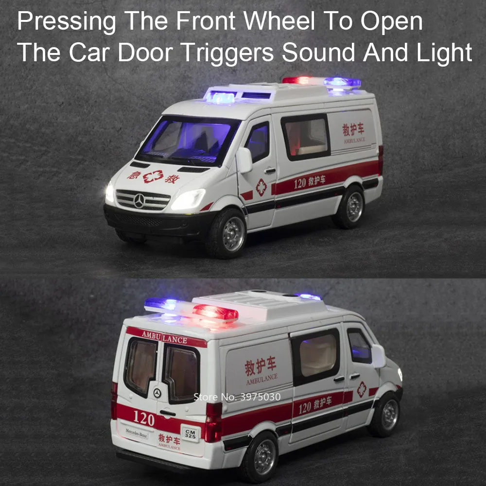 1/32 liga diecast benz ambulância modelo de carro brinquedo luz som roda carro puxar para trás pneus de borracha veículos em miniatura crianças presente brinquedos