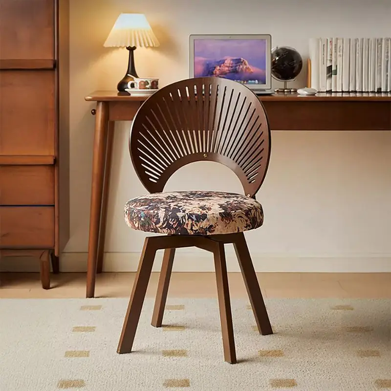 Nordic Solid Wood Shell Chair, Retro Swivel Backrest Chair, Modern Dining Makeup Chair for Home