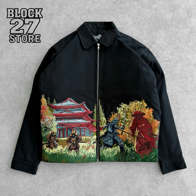Mens Jacket Japanese Samurai Embroidery Vintage Baseball Coat Harajuku Unisex Heavy Embroidered Loose Fit Streetwear Couple New