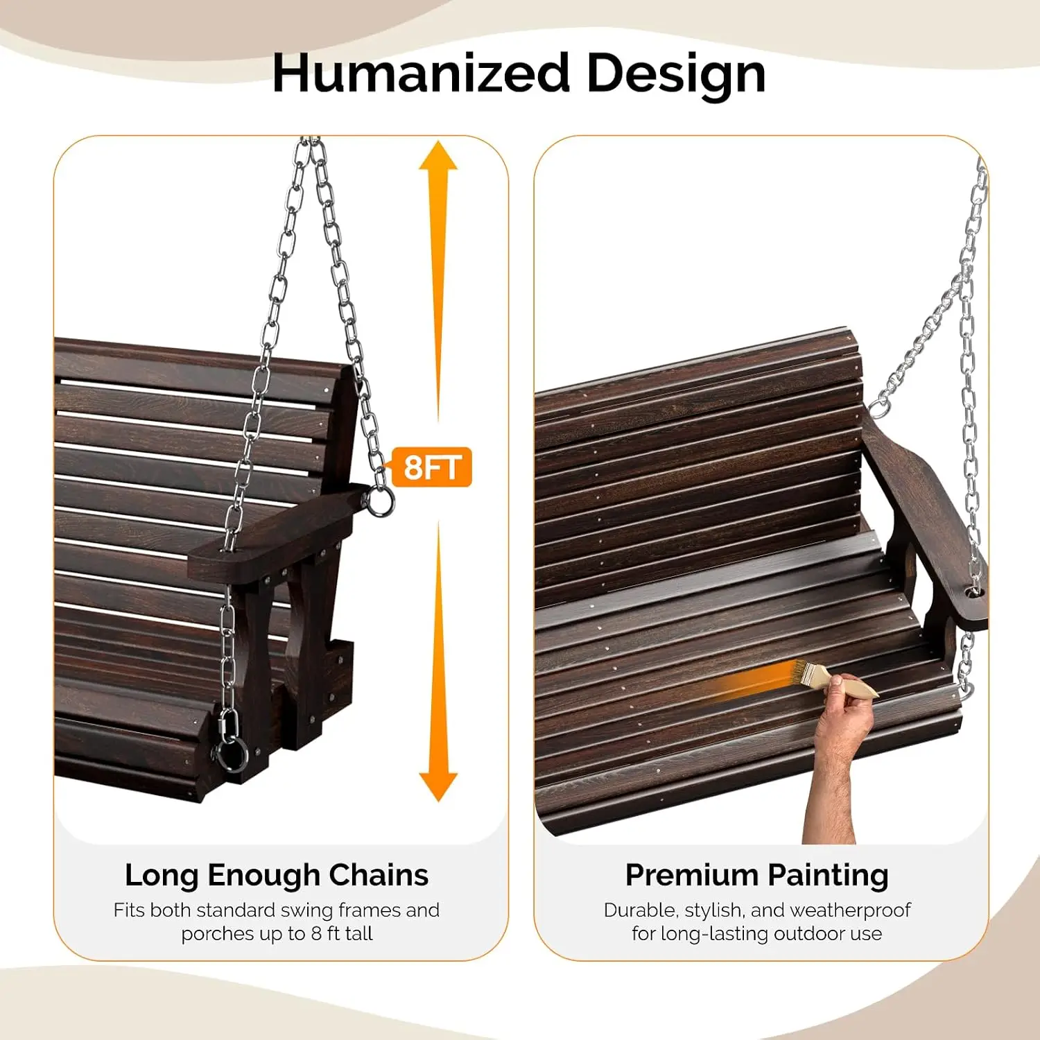 4FT Wooden Porch Swing with Frame, Heavy Duty 880 LBS Outdoor Bench with Hanging Chains for Garden, Rustic, Customized