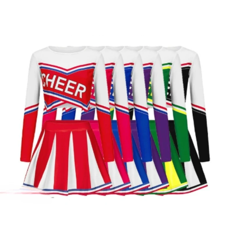 طقم تنورة بأكمام طويلة للفتيات للتشجيع، ملابس رياضية لطيفة للأطفال من بوم بومس، ملابس حفلات العودة إلى موسم المدرسة #2