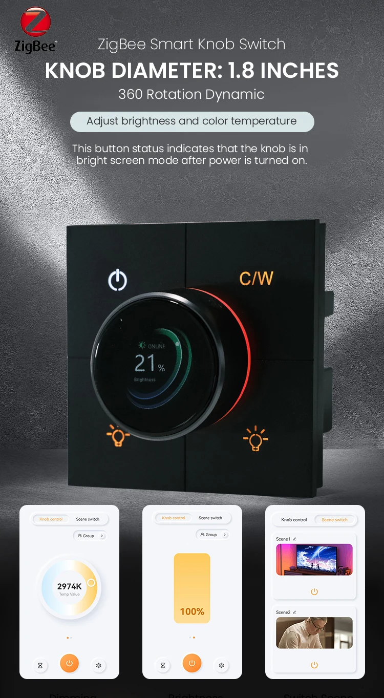 LOUYSGEN Zigbee Smart Knob Switch 4Gang Dimming Adjustment Color Temperature Scene Remote Control Need Neutral Wire Switch