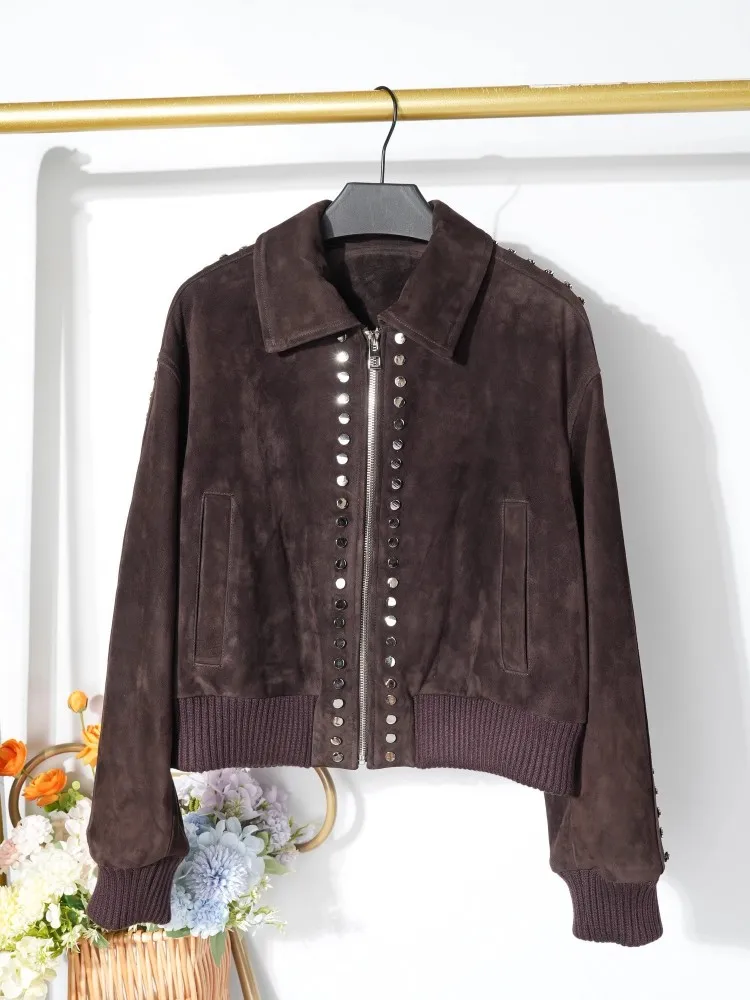 الخريف الشتاء جلد طبيعي الجلد المدبوغ الإناث سترة المسامير ترتيب الأسرة طوق ملابس خارجية قصيرة سحابات معطف دراجة نارية جلد الغنم الحقيقي