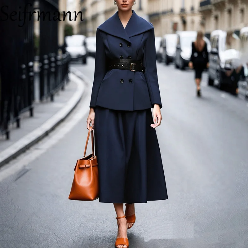 

Autumn and Winter Women's Collection Flip Collar Double Row Buckle Pocket Long Sleeve Suit Coat+Deep Blue Half Skirt 2-piece Set