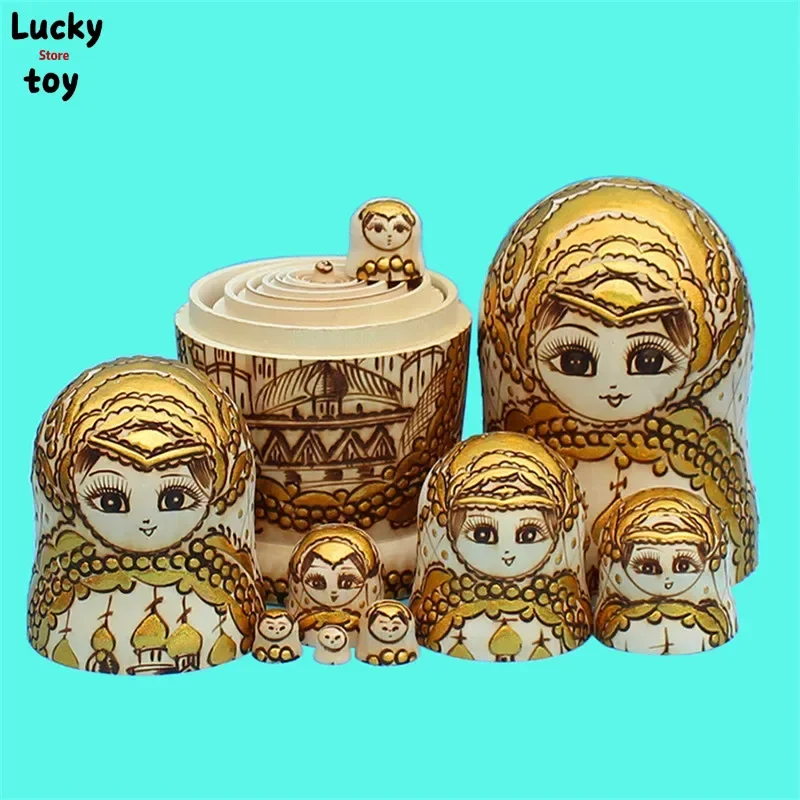 

10 Layer Carving Gold Color Russian Dolls 10pcs Dry Basswood Hand-painted Matryoshka Doll Nesting Delicate Wooden Toy L30