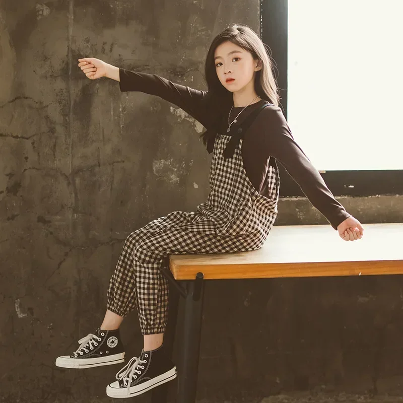

Girls Overalls Spring Summer Casual Plaid Retro Trousers Jumpsuit for Girls 8 to 14 Years Kids Jumpsuits Teenage Cotton Clothing