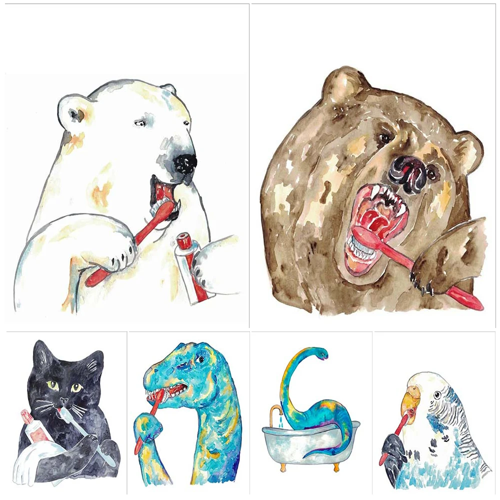 

Watercolor Animal Brush Teeth Funny Bear Cat Poster Wall Art Canvas Painting Home Decor Wall Pictures For Living Room Unframed