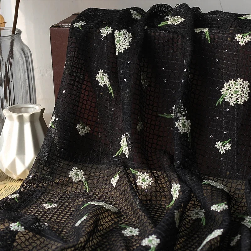 New Dandelion Embroidered Mesh Cloth Lace Fabric for Dress Clothing Material,By The Meter