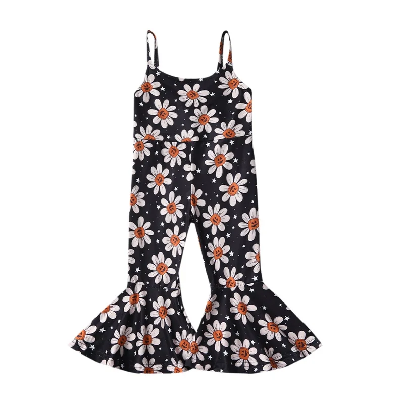 Kid Girls Jumpsuit Spaghetti Straps Flower Witch Hat Pumpkin Print Romper Halloween Costume