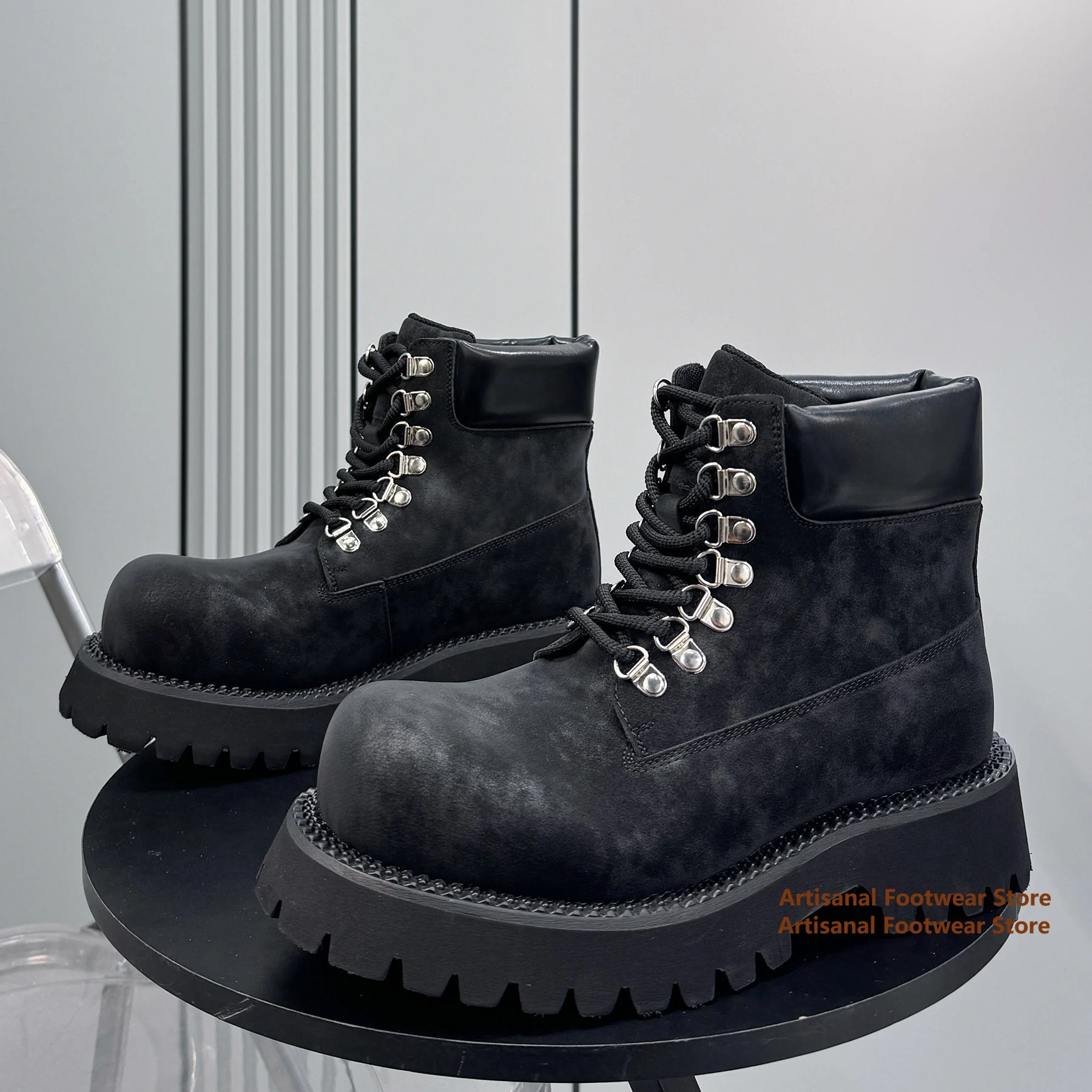 Thick-Soled High Top Men's Boots Spring New Style Height Increasing Lace-Up Men's Big Round Toe Derby Shoes Trendy Men's Shoes - view 4
