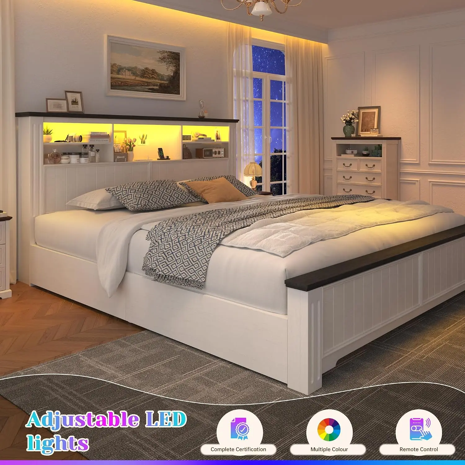 King Bed Frame with Storage Headboard 4 Drawers LED Charging Station Farmhouse Noise-Free No Box Spring White, Custom view 5