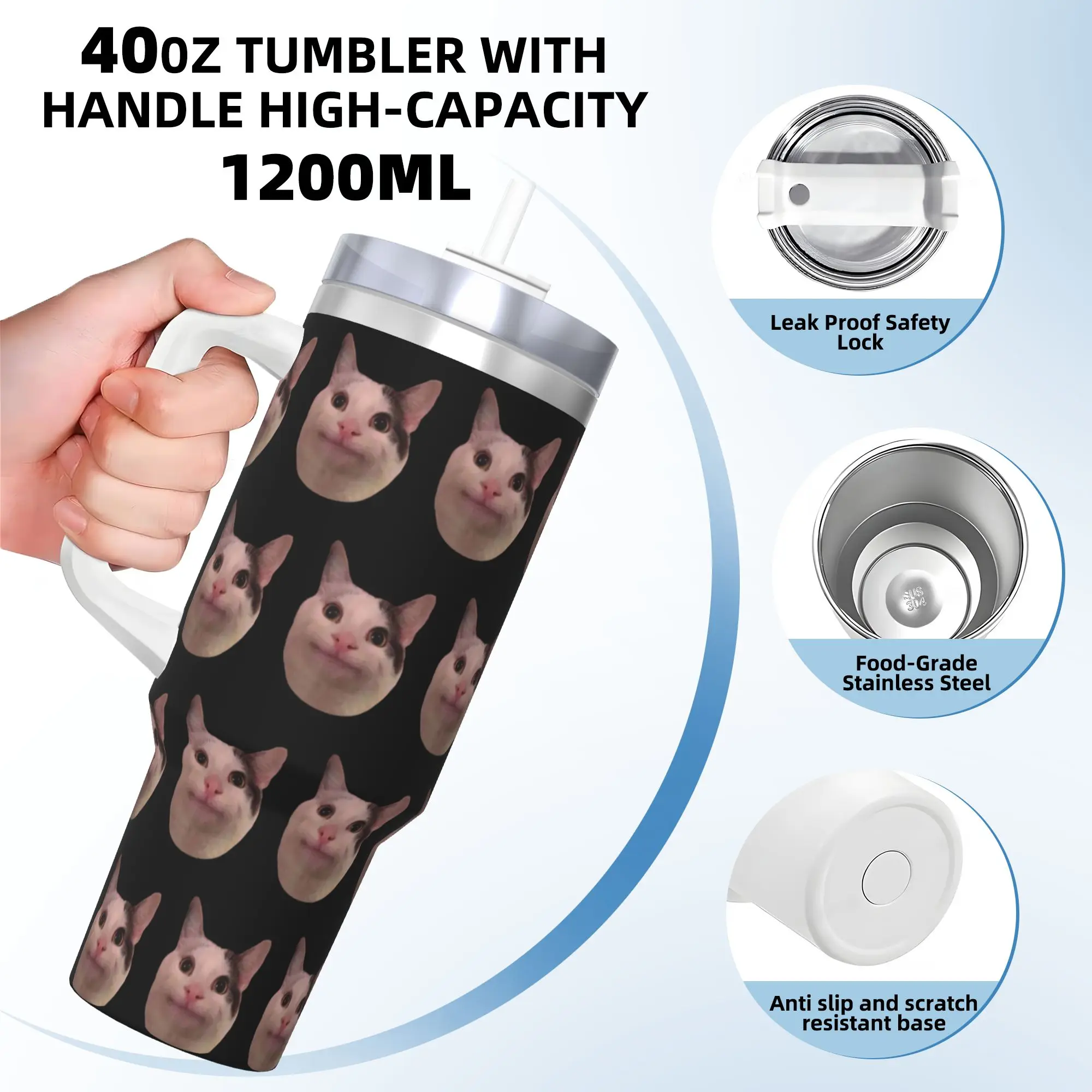 Smiling Beluga Cat Meme 40oz Vacuum Insulated Tumbler Internet Viral Joke Mugs Handle Reusable Large Cup Cold Hot Drink Office