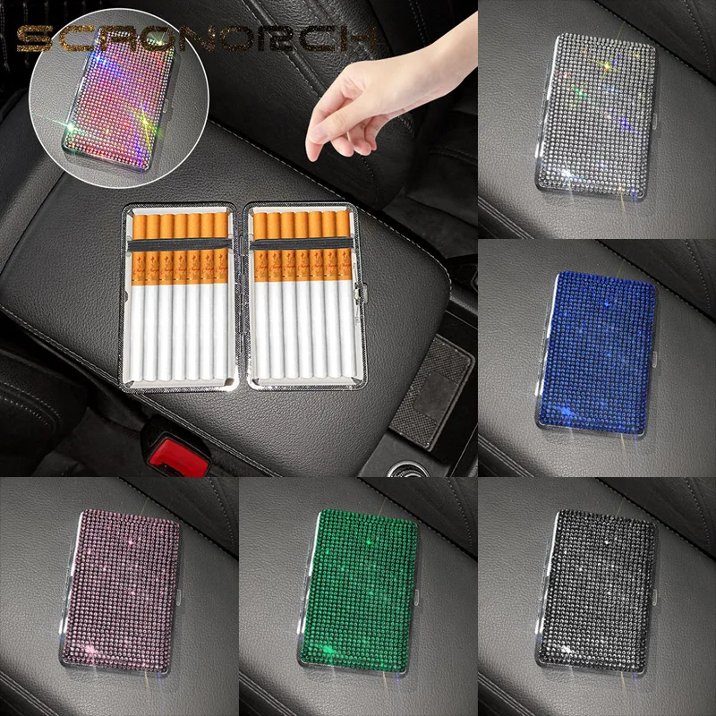 Double Side Sparkling Rhinestone Cigarette Case Portable Tin Slim Organizer Storage Box Cigarette Accessories 10-20 Capacity