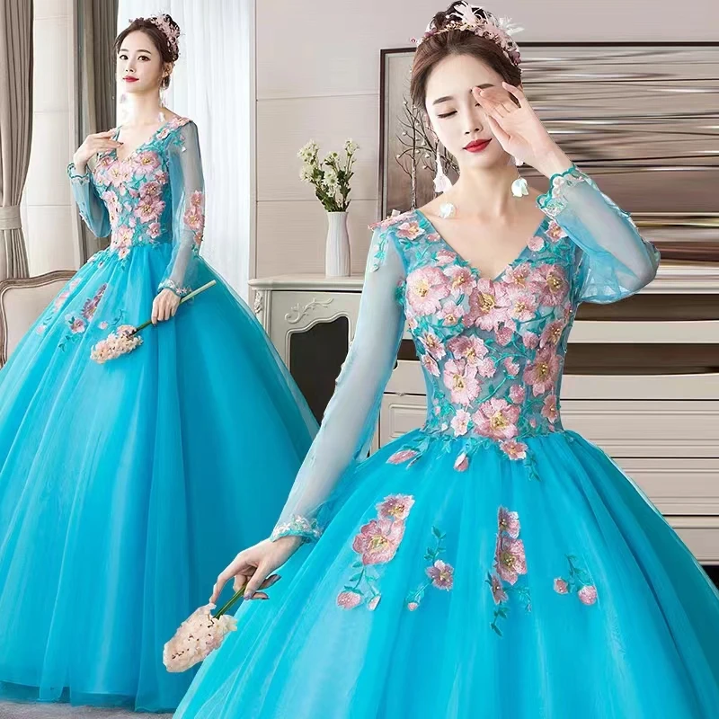 Vestidos Quinceanera Dresses 3D Flowers 2024 Robe De Bal Sheer Long Sleeve Ball Gown Vintage Quinceanera Dresses Plus Size