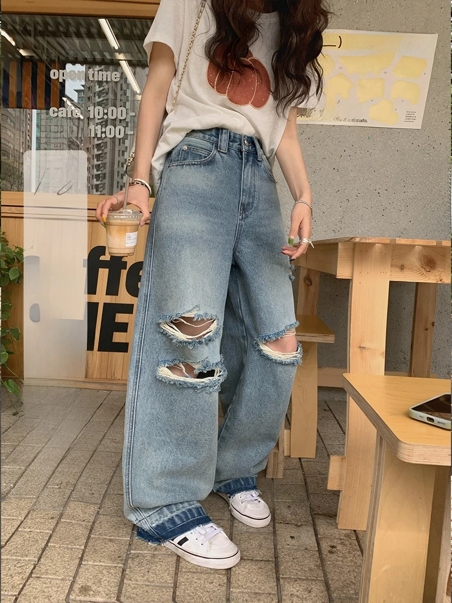 

Джинсы Ibell Zhang Vintage Heavy Du Distred с эффектом потертости, широкие, прямого кроя, с завышенной талией, для женщин, цветные