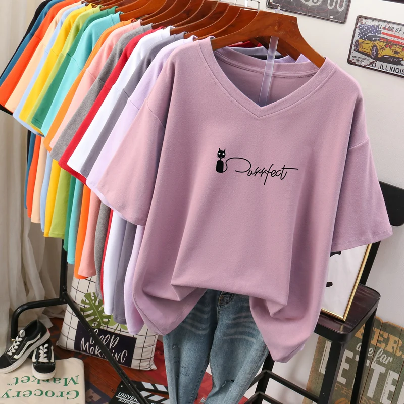 DAYIFUN Women Cotton T-Shirts Ladies Plus Size Short Sleeved Summer Tshirts Korean Loose 100KG Tees Female Casual V-neck Tops