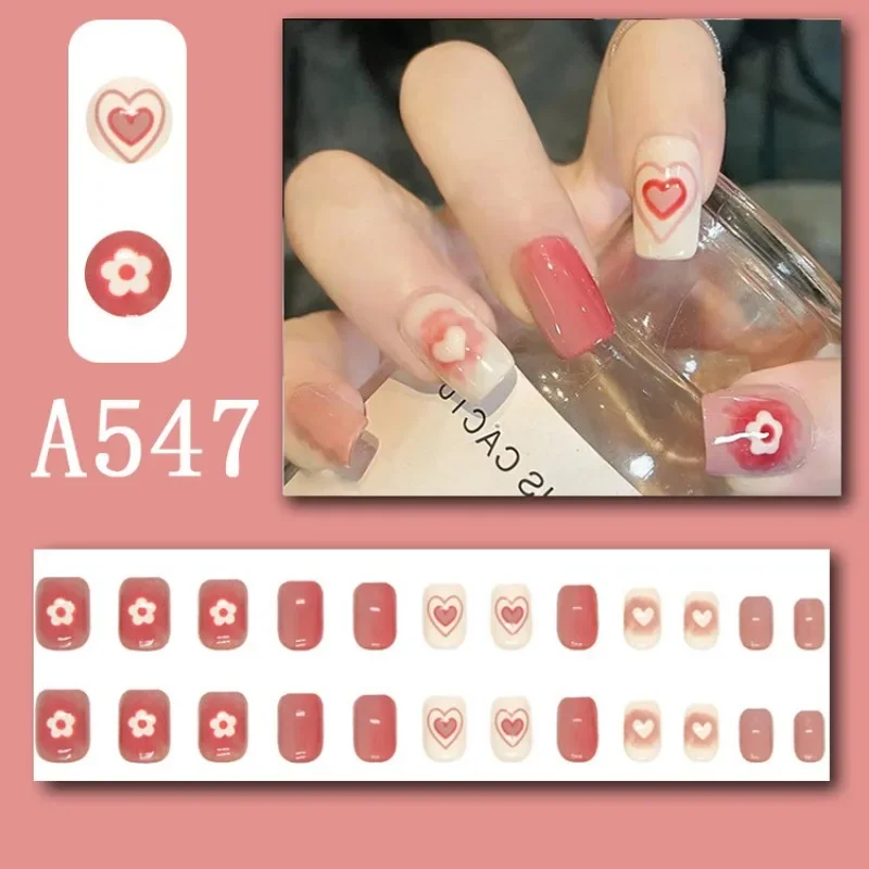 24pcs Sweet Cool Style Nail Art Wearable Nails French Line Halo False Nails Press on Removable Fake Nails with Glue