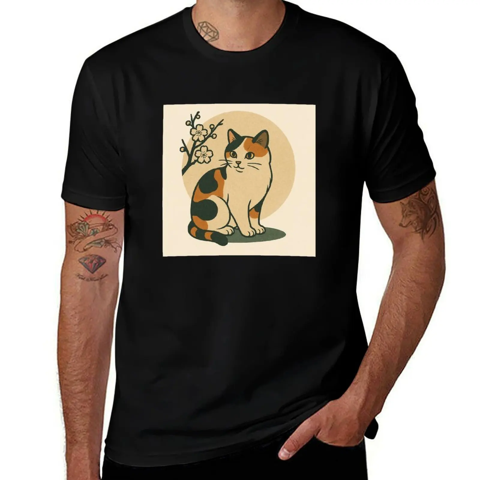 

Calico Cat with Blossoms T-Shirt man t shirt tops Anime t-shirt Men's t shirts