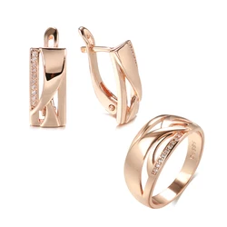 Kinel New 585 Rose Gold Square Drop Earrings Ring Stes Fashion Women Geometry Natural Zircon Ring Fine Daily Boho Jewelry Set