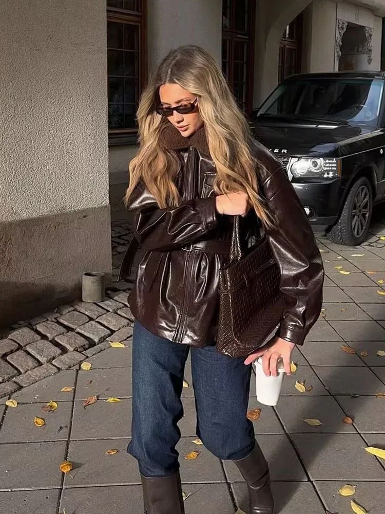 

HH Female Fashion faux Leather Effect Long Sleeves Casual Loose Coat Women Zipper Pocket Belt Decoration Street Style Jacket