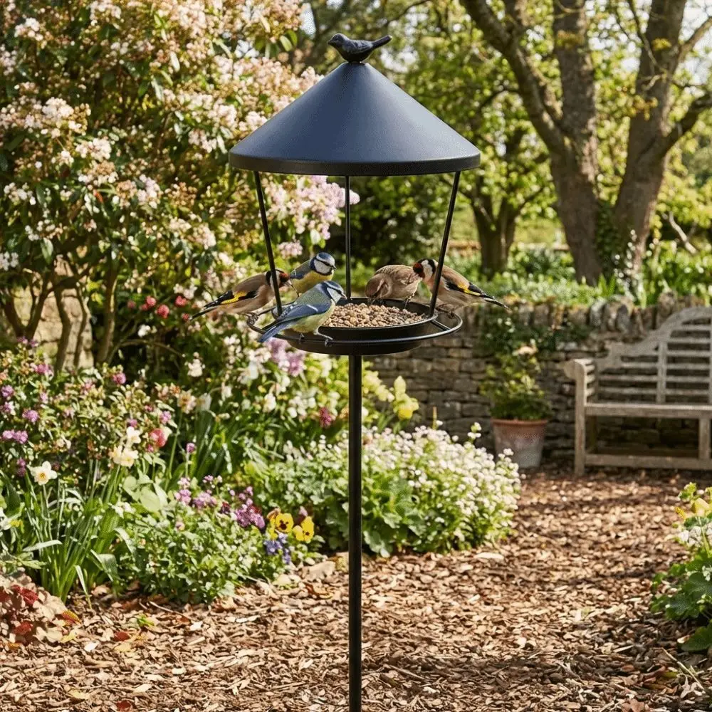 

Weatherproof Standing Bird Feeder Spill Guard Large Capacity Wild Feeding Station Anti-Waste Iron Birdbath Stand Courtyard