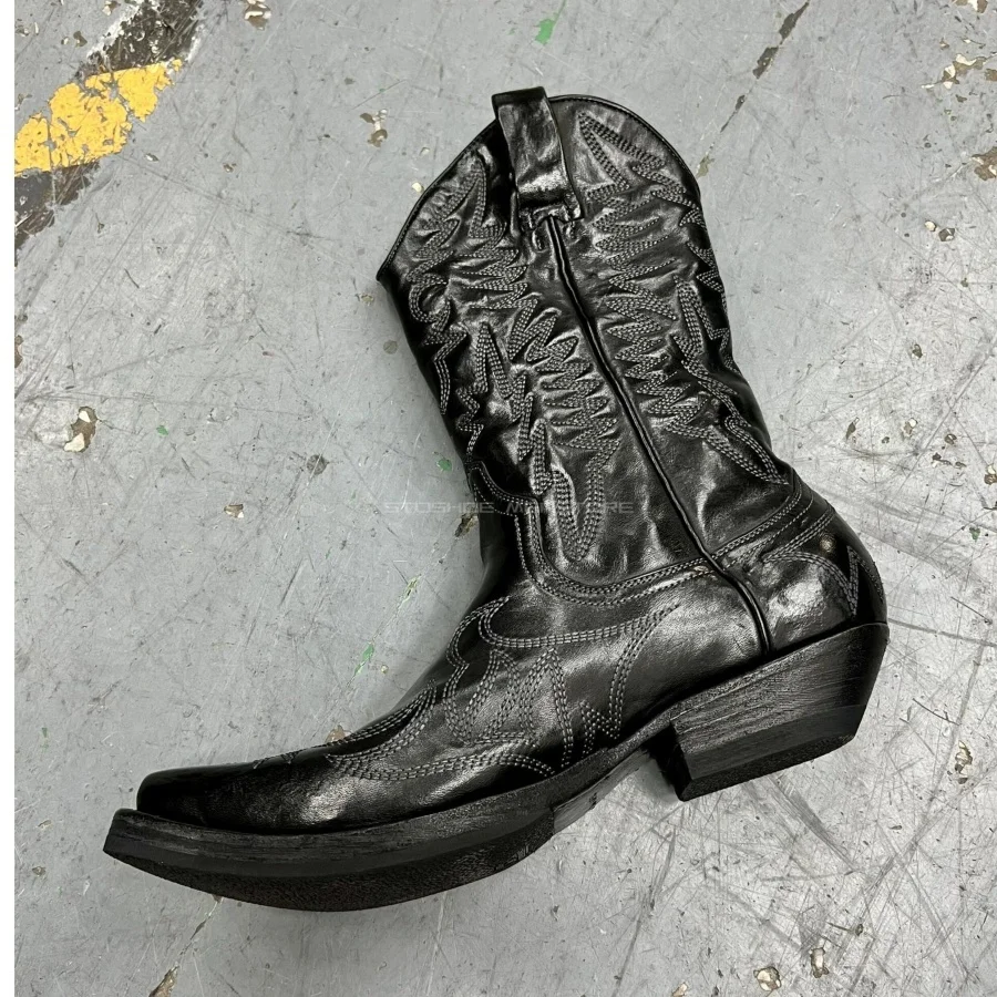 Men Vintage Embroidery Leather Western Cowboy Boots Curved Pointed Toe Mid Calf Knight Boots Retro Thick Heel Motorcycle Boots