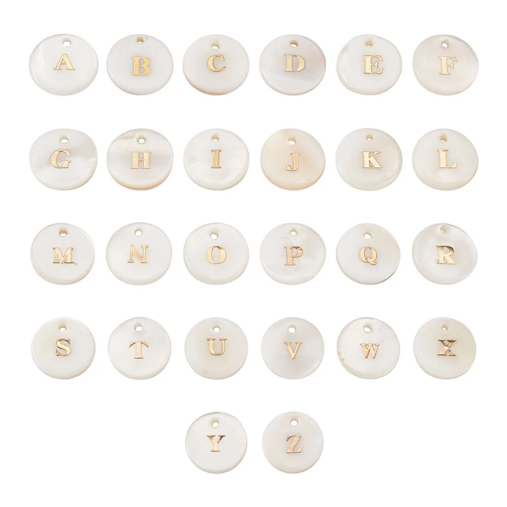 200pcs Freshwater Shell 26 Letter A~Z Charms Pendant Flat Round with Golden Letter For DIY Earring Bracelet Necklace Craft Decor