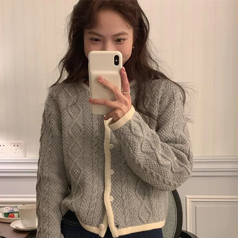 

O-Neck Patchwork Fashion Cardigan Jacket 2023 Autumn Winter Single Breasted Knitted Jacket Women Loose Office Lady Sweater Coat