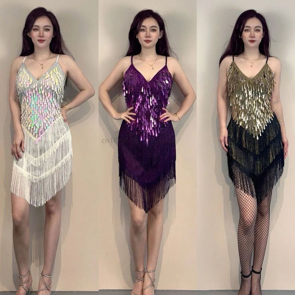 

Strap Sequin Dress Tassel Latin Dance Skirt Slimming Irregular Party Nightclub Ballroom Dress Standard Women's Performance Dress